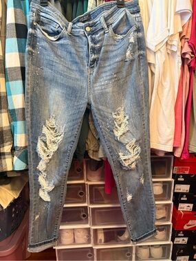 Judy Blue Jeans Womens 15/32 Skinny Fit Blue Distressed Destroyed Ripped Stretch